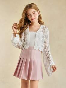 Girls V-Neck Openwork Cardigan, Solid Color, Spring/Summer - White - View 3