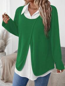 Áo sơ mi dài tay xẻ tà dáng rộng cho nữ cỡ lớn - màu xanh lá - Xem 3