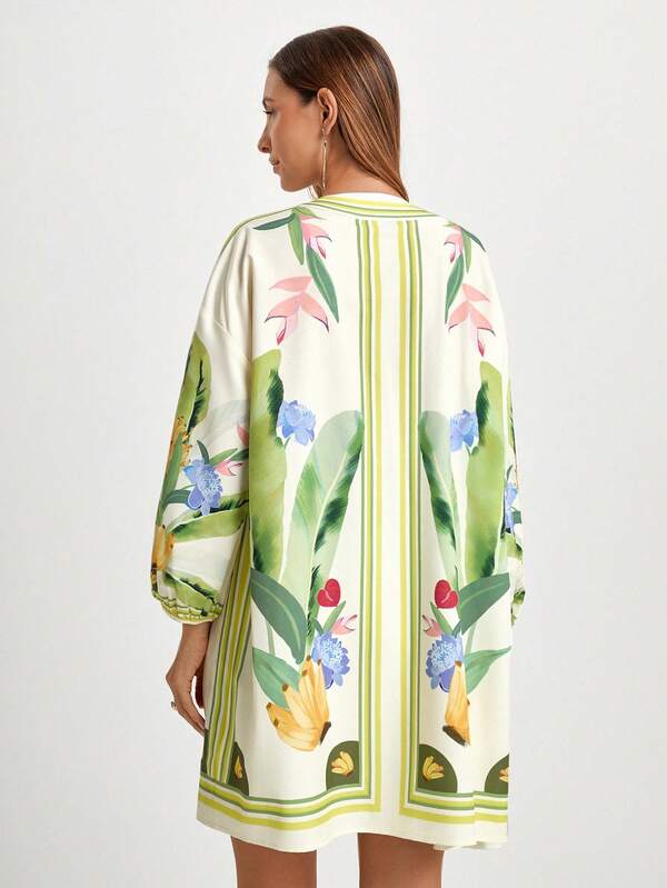 CAJUNI Women's Casual Vacation Floral Banana Leaf Print Cardigan, Suitable For Dates