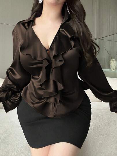 Vibekara Plus Size V-Neck Ruffle Trim Fitted Elegant Casual Blouse, Lady Purple