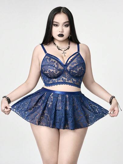 Fairycore Conjunto de lencería clásica y sexy de talla grande para mujer con hojas de encaje y transparencias tipo hada