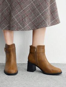 CUCCOO BIZCHIC Women's Fashion Ankle Boots, Square Toe Chunky Heel Design, Camel Color PU Material Solid Color, Side Zipper With Metal Buckle Strap, Versatile For Skirts, Jeans, Coats, Suitable For Autumn/Winter Outfits, Fashion Shows, Commuting, Stylish Women Ankle Boots - Camel - View 3
