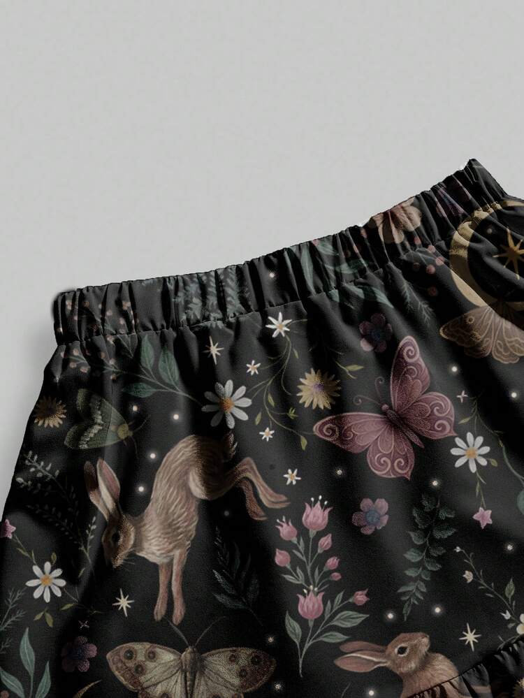 ROMWE Fairycore Falda con estampado completo de 3 capas para mujeres, con diseños de conejo, planta, hongo, sol, luna, rosa, mariposa y polilla en un estética oscura inspirada en la naturaleza - Negro - Añade 3