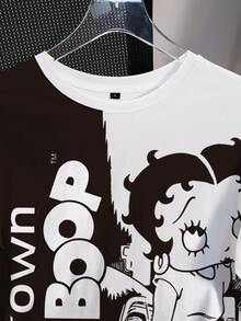 Betty Boop x SHEIN Women's Casual Daily Commute Fashion Street Cartoon Character & Letter Print Black White Splice Short Sleeve T-Shirt, Summer Graphic Tops Anime T Shirt Cartoon Shirts Cartoon Graphic Tee - White - View 5