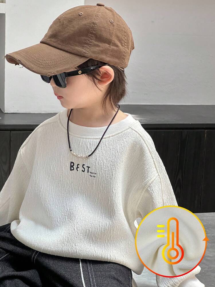 Young Boy Loose Fit Thermal Lined Sweatshirt, Casual Letter Print, Autumn Thermal Lined, Winter