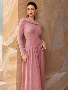 Modelyn Pink Party Elegant Asymmetrical Shoulder Long Sleeve Dress For Women - Pink - View 6