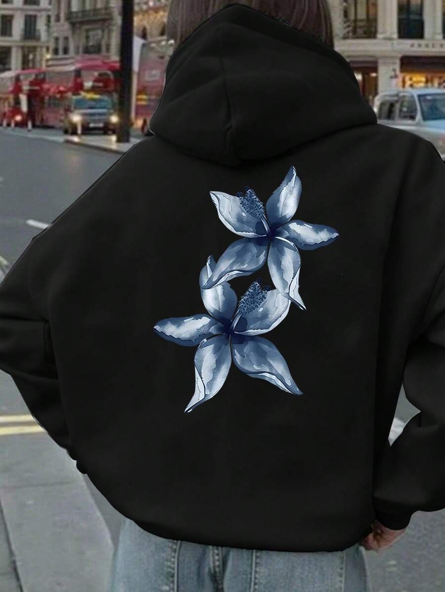 SHEIN Explorewe 返校季少女休闲蓝色碎花印花卫衣，保暖舒适，适合秋冬季穿着 - 黑色 - 查看 1