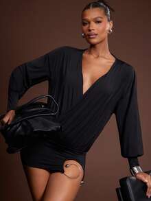 Hauture Đầm mini cổ khoét sâu gợi cảm cho nữ, tay dài, chi tiết khoét kim loại, thiết kế công sở gợi cảm - màu đen - Xem 3