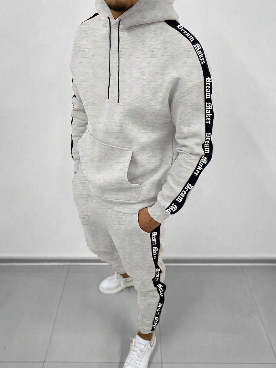 Manfinity Homme 男士撞色字母印花连帽卫衣和口袋运动裤两件套，灰色和白色套装，设计师运动套装，男士慢跑套装，男士两件套运动服，男士连帽衫和运动裤套装 - 淺灰色 - 查看 1