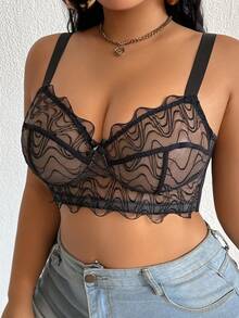 1 pieza Sujetador lencero con aros y bordado de malla para tallas grandes - Negro - Ver 12