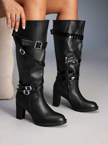 CUCCOO GRLICON Women's Buckle Decor Faux Platform Round Toe Chunky Heel Over-The-Knee Boots, Suitable For Halloween, Christmas, Party, Y2K Style - Black - View 6