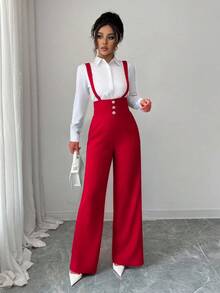 Elenzga Women's Elegant Romantic Straight Leg Pants With Suspender Waist And Button Decor - Red - View 6
