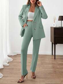 EURMUSE Women Solid Color Suit Sets Blazer Jacket And Pants Rhinestone And Button Front Detailed - Mint Green - View 4