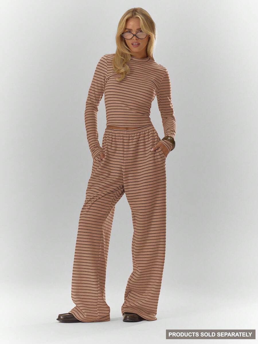 MUSERA Low Rise Striped Wide Leg Trousers Fall Autumn Cosy Cute Casual Coffee Club Party Summer - Brown - View 1