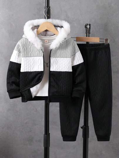 2 件套年轻男孩休闲纯色拼布长袖羊毛拉链夹克和裤子套装，适合秋冬季日常休闲户外穿着