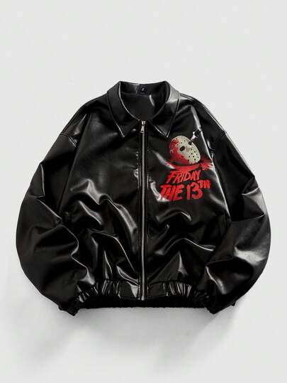 Friday the 13th X ROMWE Men Fall Cool Mask & Letter Graphic PU Leather Jacket