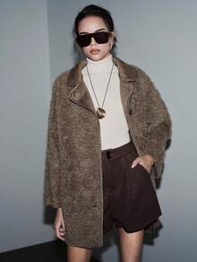 SHEIN Luminelle Chaqueta casual de mujer con cuello de solapa, manga larga y botones frontales - Marrón Mocha - Ver 3