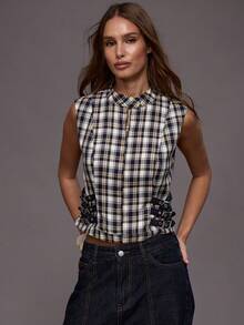 MUSERA Checkered Stand Neck Zip Through Belted Side Detail Fitted Top Fall Autumn Winter Night Out Going Out Streetwear Cute Back To School Sexy Elegant Spring Summer - Multicolor - View 2