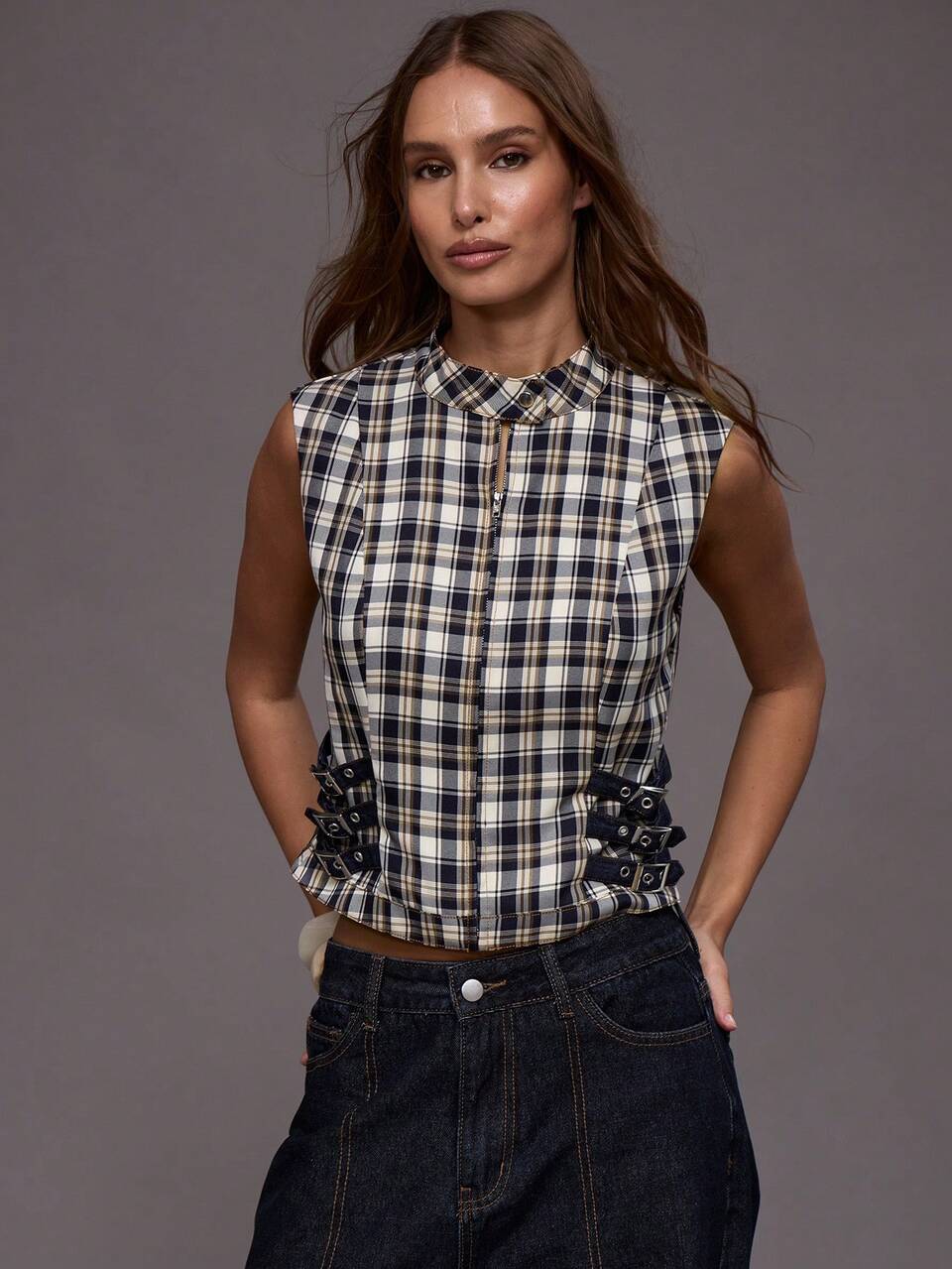Navy Blue And White Checkered Stand Neck Zip Through Belted Side Detail Fitted Top,Summer Effortless Chic Back-To-School School Streetwear Top