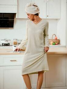 SHEIN 女士条纹针织休闲家居连衣裙，冬季 - 杏色 - 查看 3