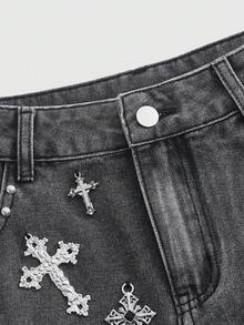 ROMWE Grunge Punk Spring/Summer Women's Cross & Rhinestone Decor Pocket Fashionable Denim Mini Skirt - Black - View 3