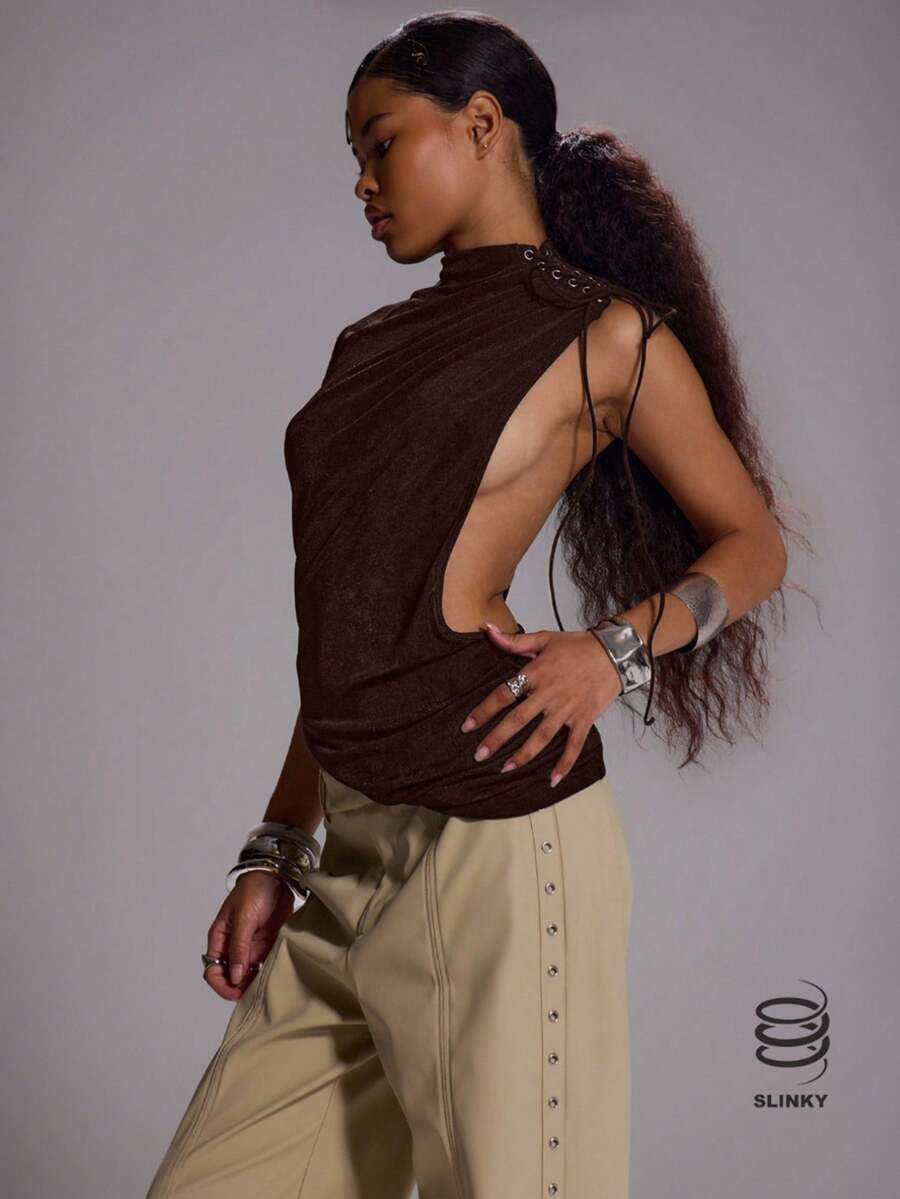 MUSERA 不对称镂空吊带背心，性感迷人，适合秋季外出、优雅派对、反乌托邦主题派对、假日派对、春夏派对等场合。 - 咖啡棕 - 查看 1