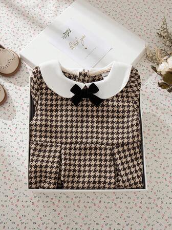 Souflis Souflis Vestido de manga larga con estampado de pata de gallo marrón retro francés, adecuado para fiestas, salidas y diversas ocasiones, otoño/invierno