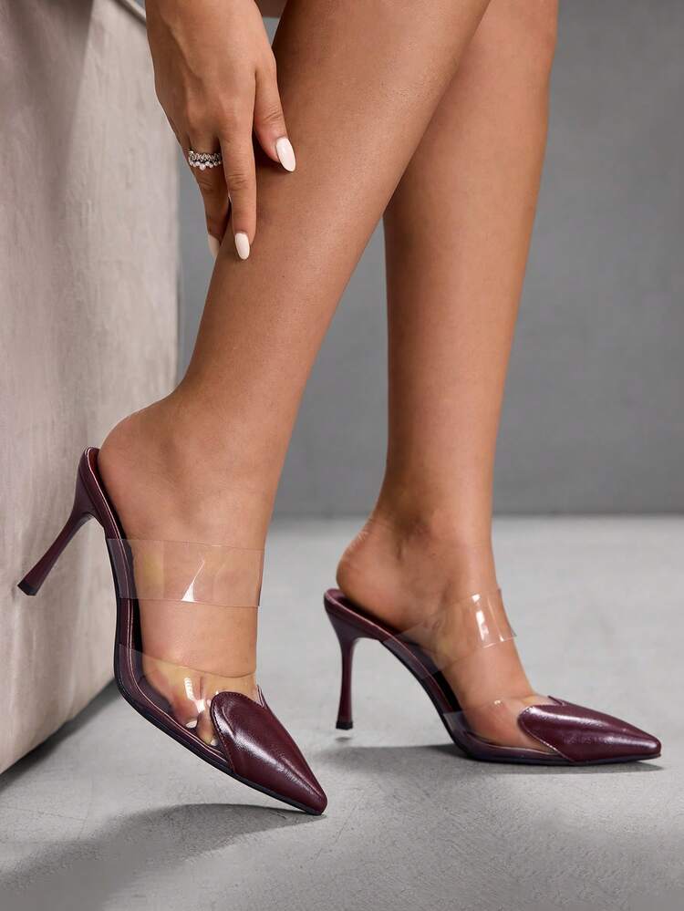 CUCCOO SZL Women's Fashion Pointed Toe Transparent Jelly Wine Red Patent Leather Slip-On Sexy Stiletto High Heel Party Shoes For Christmas Spring Shoes