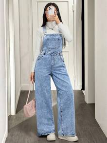 SHEIN 青少年女孩 Y2K 学院风浅色水洗休闲花朵刺绣口袋宽松高腰阔腿牛仔裤牛仔背带裤连体裤（不含 T 恤），女孩秋冬装街头服饰，返校节服装，圣诞服装万圣节服装，适合上学、居家和旅行，刺绣牛仔裤 - 淺色水洗藍 - 查看 3