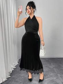 Modelyn Plus Size Women Black Velvet Contrast Lace Fishtail Skirt, Flattering/Versatile/Work/Casual - Black - View 3