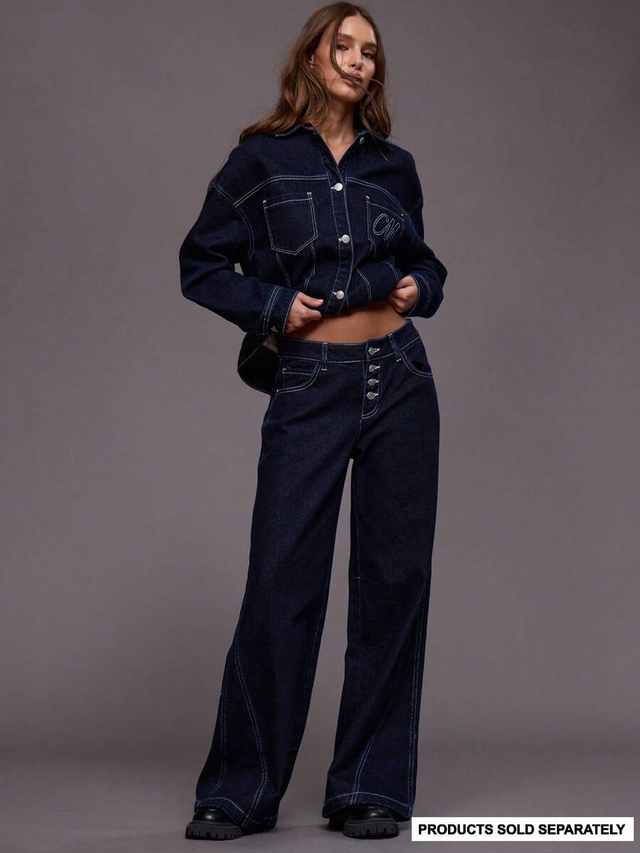 MUSERA 深色水洗撞色缝线后背系带牛仔裤，仅限秋季、冬季、夜间外出、街头风、可爱、返校、性感、时尚、春夏 - 深色水洗藍 - 查看 1