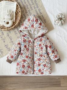 SHEIN Baby Girl 6Months-3Years Baby Girl Fall For Girl Casual Daily Style Coat,Flower-Printing Thicker And Warmer Hooded Padded Jacket - Multicolor - View 3