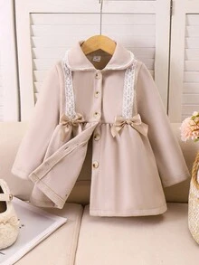 Young Girls ApricoPeter Pan Collarar Long Sleeve Cinched Waist Bow Decor Jacket, Fashion Children Outerwear For Spring/Autumn And Winter - Apricot - View 3