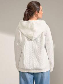 Momelise Plus Size Solid Color Half-Zip Drawstring Dropped Shoulder Long Sleeve Casual Embossed Sweatshirt - White - View 2