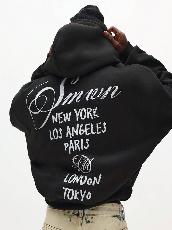 SUMWON Men Oversized Pullover Hoodie With City Travel Print And Drawstring Hood Casual Streetwear