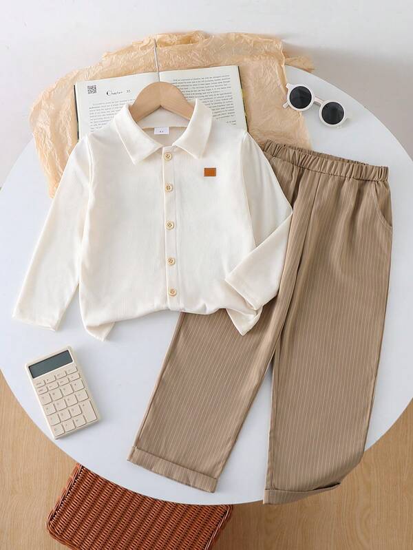 2pcs/Set Big Kids Boys' Spring/Autumn Ribbed Knit Collared Long Sleeve Shirt And Straight LegRibbedd Pants Set