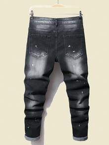 Manfinity Roughcore Men Cotton Splash Ink Print Ripped Frayed Skinny Jeans Plain Slim Fit Long Black Cargo Jeans, For Husband, Boyfriend Gifts Hiking Going Out Party Vacation Urban, Grunge
