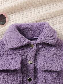 SHEIN Playful Pals 女婴秋冬三件套：翻领工装外套、纯色背心和长裤，适合户外日常穿着。女婴冬季套装，女婴紫色套装，女婴服装，紫色两件套冬季毛绒服装 - 彩色 - 查看 6