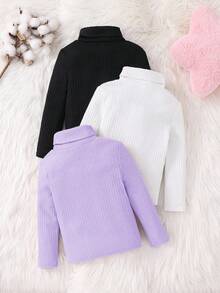 SHEIN 3 件套年轻女孩纯色针织圆领长袖上衣，适合秋冬季休闲学校姐妹套装 - 淡紫色 - 查看 2