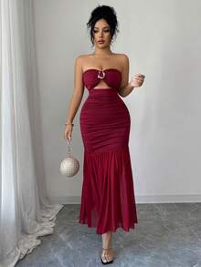 Elenzga 新款女式网眼透视拼接紧身胸衣装饰纽扣镂空设计腰部 A 字中长连衣裙，休闲度假风格，优雅年轻女士，春/秋 - 酒紅色 - 查看 5