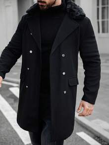 Manfinity Homme Herren Langarm Patchwork Flauschiger Stehkragen Doppelreiher Gestrickter Ausgehmantel, für Freunde, Ehemann, Freund Geschenke, Herbst/Winter