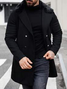 Manfinity Homme Herren Langarm Patchwork Flauschiger Stehkragen Doppelreiher Gestrickter Ausgehmantel, für Freunde, Ehemann, Freund Geschenke, Herbst/Winter