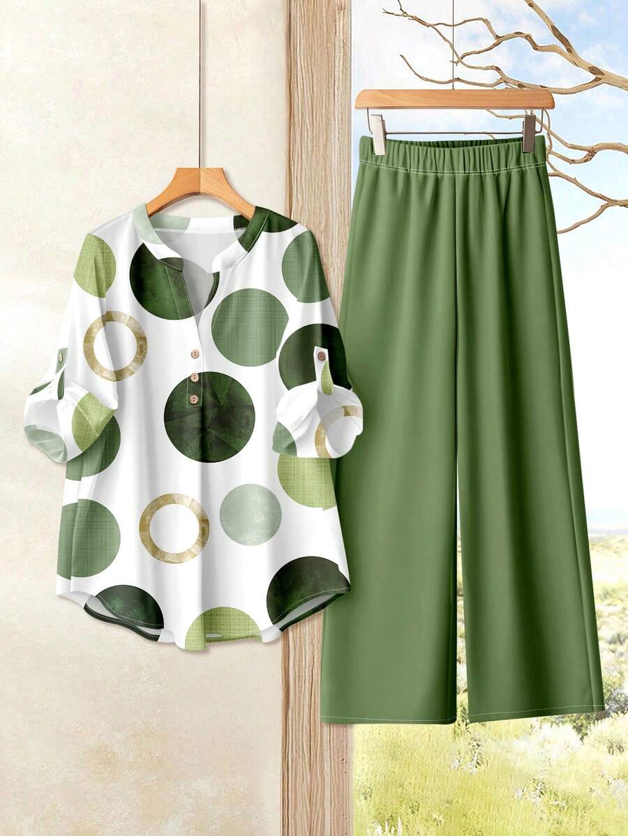 Rusticease 女士休闲简约绿色清新几何圆形印花图案宽松上衣衬衫 V 领喇叭袖直筒裤 2 件套 - 彩色 - 查看 1