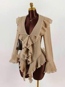 Y2K Amplova Women's Fashionable Sexy & Sweet Ruffle Flare Sleeve Cardigan, Autumn/Winter Thanksgiving And New Year, - Multicolor - View 4