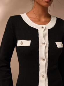 SHEIN Glamour SHEIN Spring And Summer Elegant Autumn New Single-Piece Knitted Black 
And White Long-Sleeved Round-Neck Mid-Length Women's Party Cardigan New Year Dress - Black and White - View 3