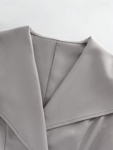 SHEIN Franclia 女士优雅简约通勤时尚翻领可调节腰带短袖西装外套，秋冬 - 淺灰色 - 查看 6