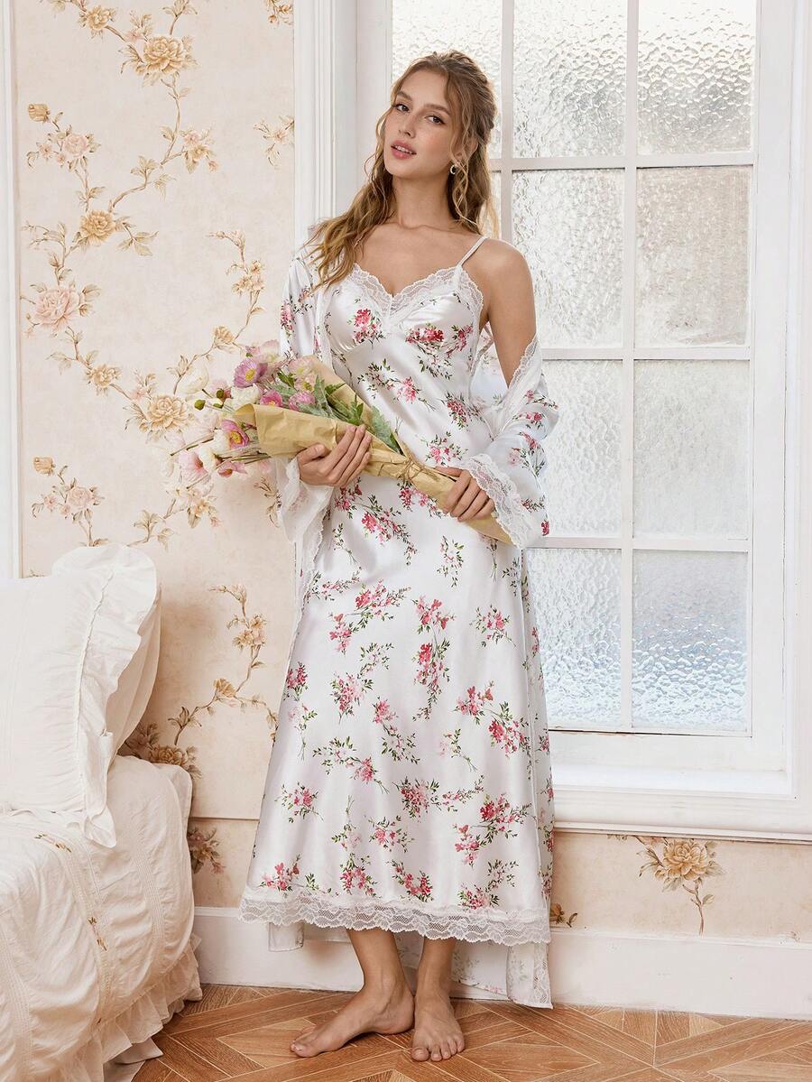 CottageSlumber Romantic Floral Print Lace Trim Camisole Nightgown And Robe Satin Pajama Set, Winter Clothes - Multicolor - View 1