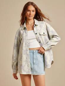 WESTFADE Floral Print Collared Button Front Long Sleeve Oversized Denim Jean Shirt Jacket Shacket Fall Back To School Country Concert - Yellow - View 3