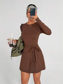 Dewbera Half-Wrap Long Sleeve Round Neck Tennis Style Sports Dress For Women - Brown - View 5
