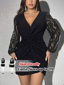 SHEIN CURVE+ Plus Size Women Elegant V-Neck Patchwork Sheer Mesh Lantern Sleeve Twist Waist Dress, Suitable For Party - Black - View 1